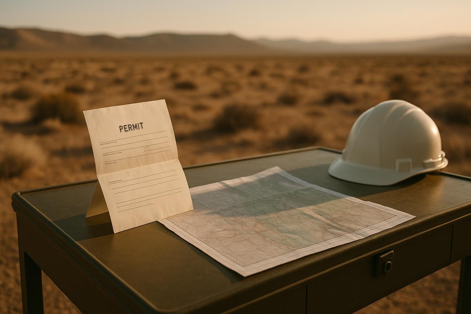 A permit document and topographic map on a field desk in the desert