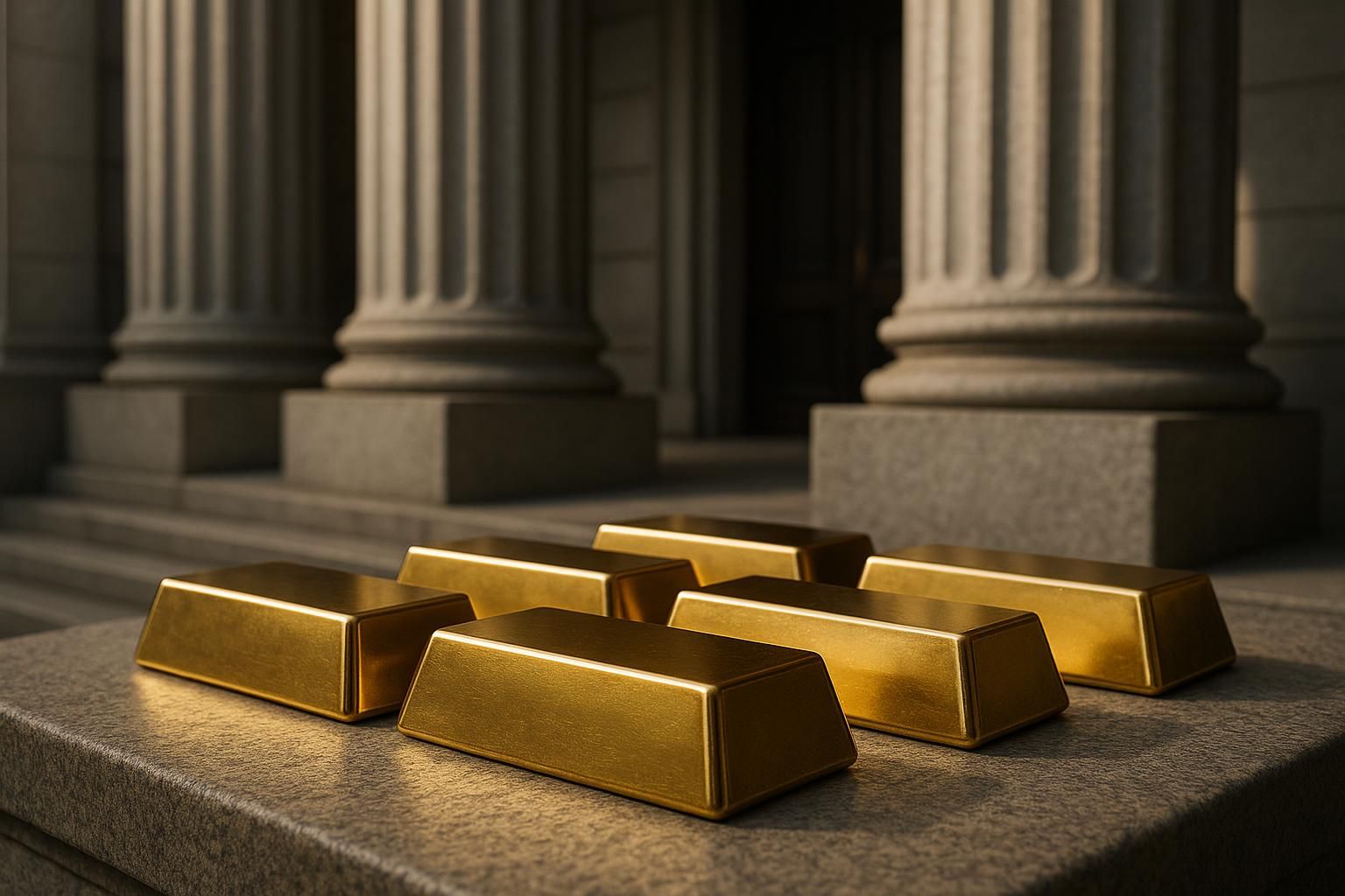 Gold bullion bars in front of the stone columns of a central-bank building