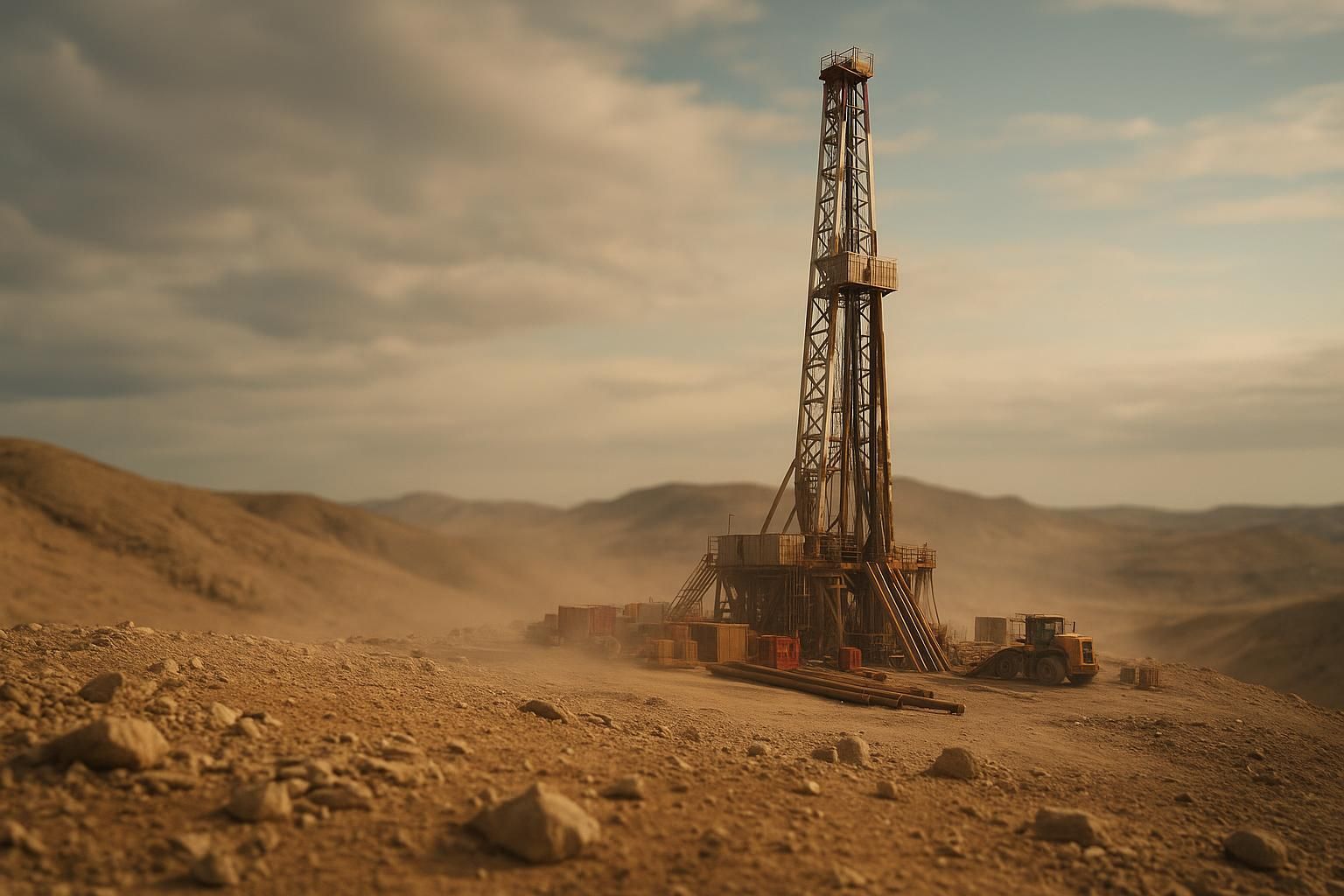 An exploration drill rig on a remote desert ridge