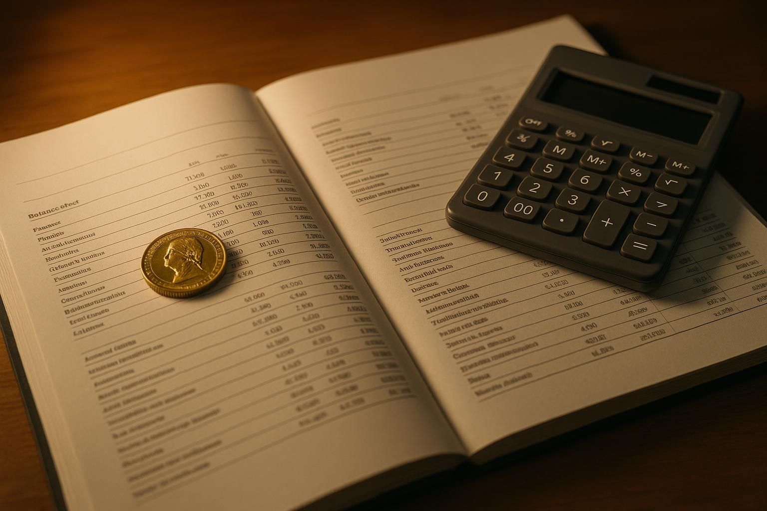 Annual report balance sheet pages with a gold coin and a calculator