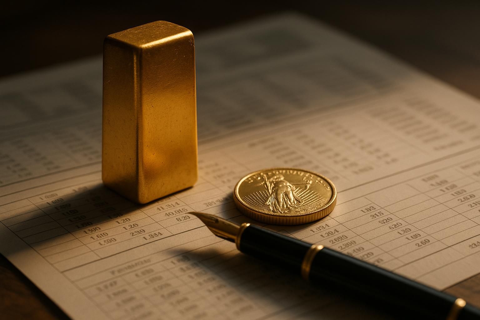 A gold bar and a gold coin resting on financial documents beside a pen