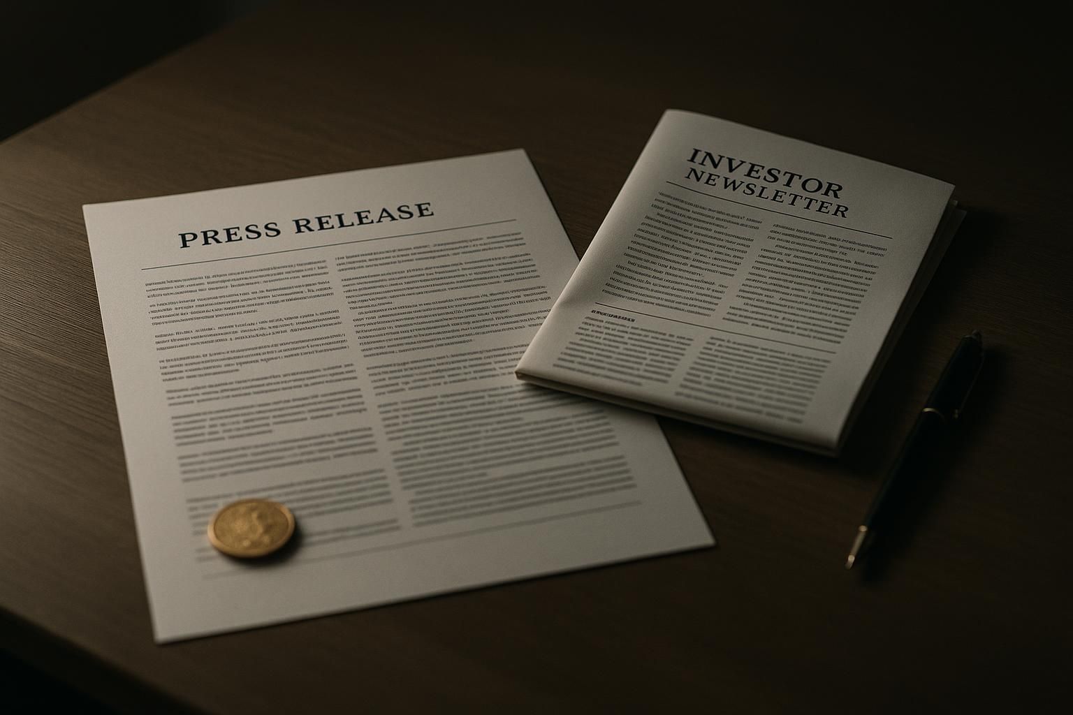 A corporate press release and investor newsletter with a gold coin and pen
