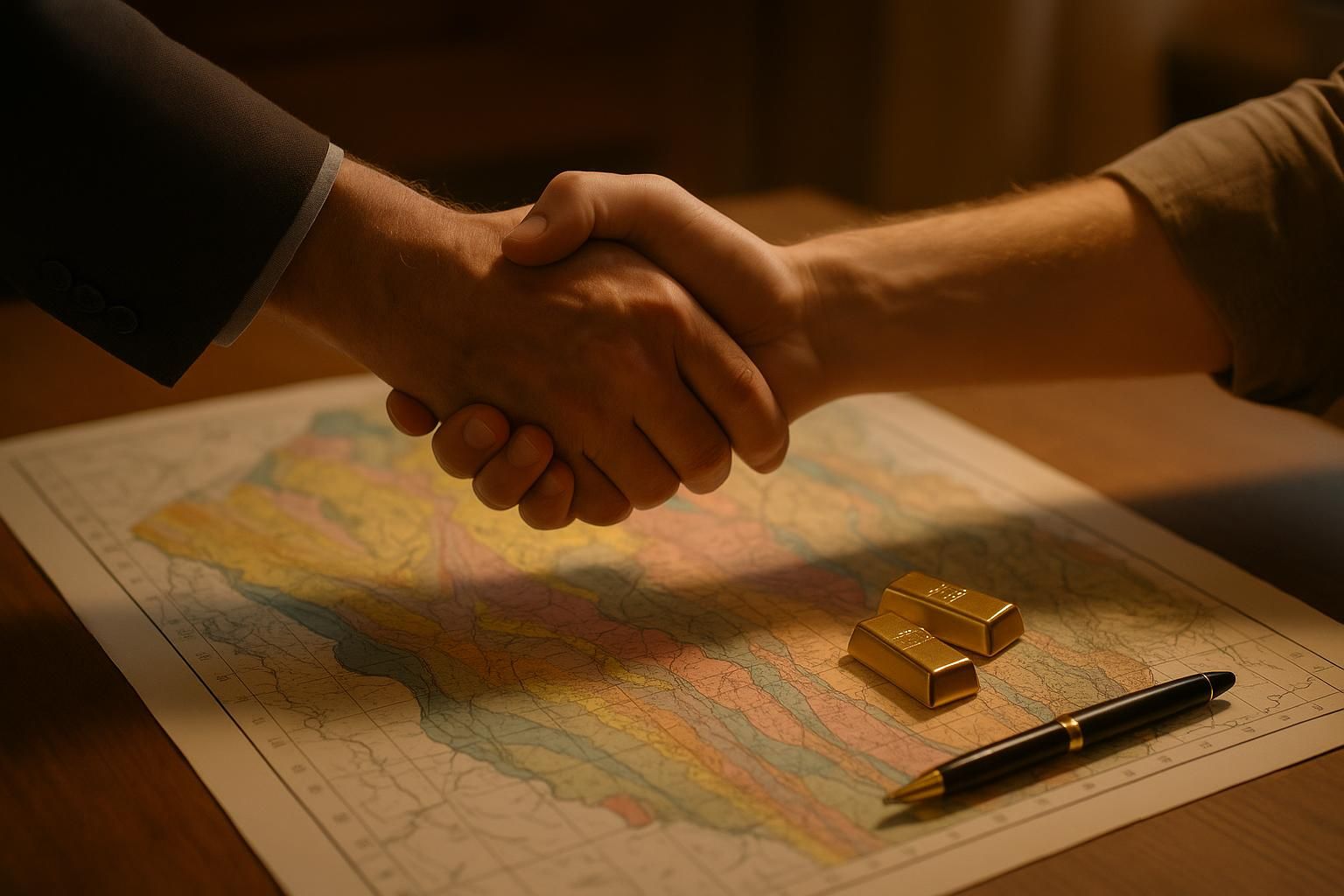 A handshake over a geological survey map with small gold bars