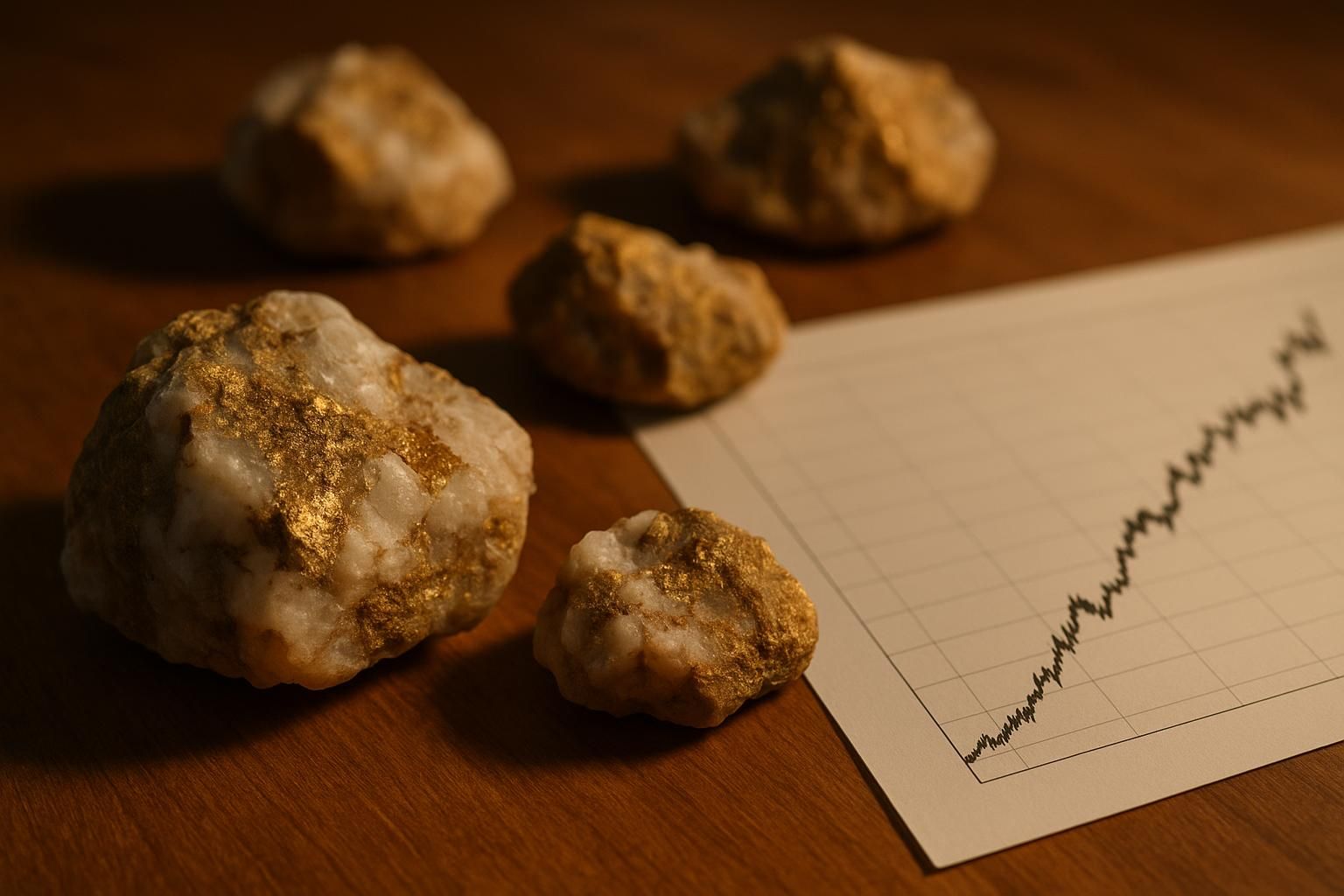 Gold-bearing quartz ore specimens beside a rising stock chart