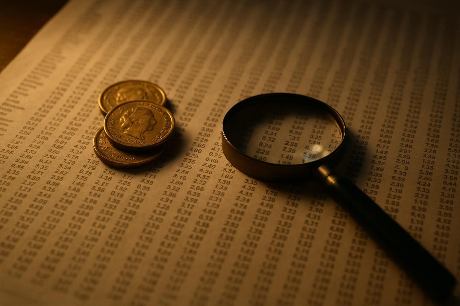 Financial newspaper stock listings with gold coins and a magnifying glass