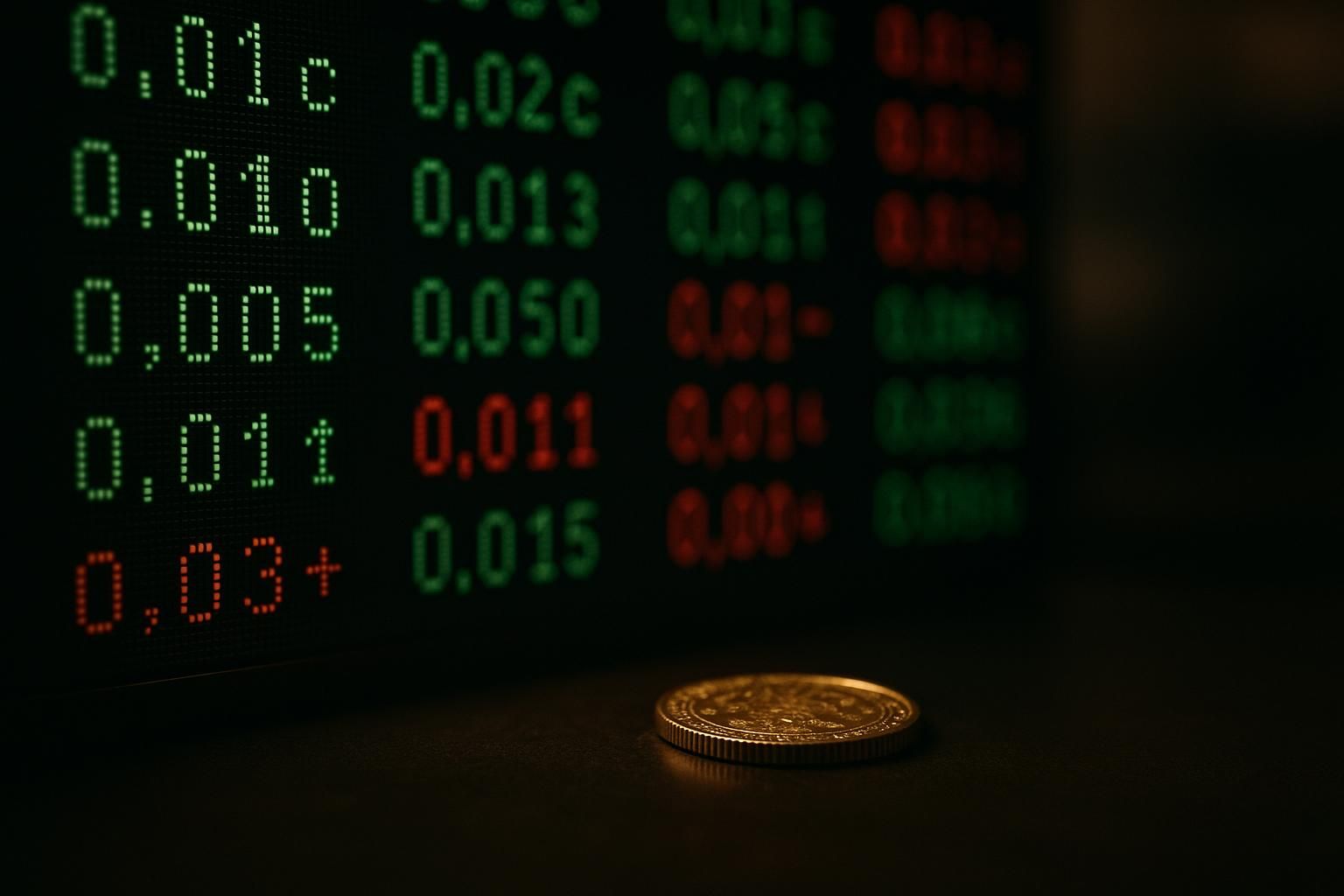 Penny-stock ticker quotes on a trading screen with a gold coin