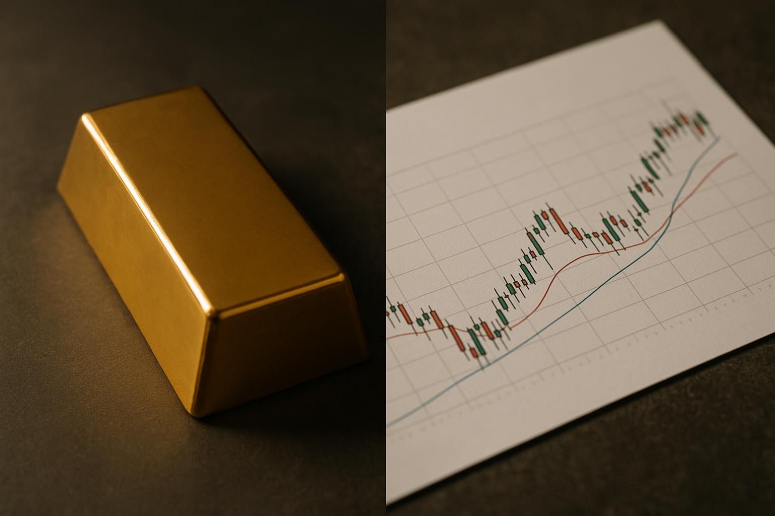 Split image of a gold bar beside a financial stock chart