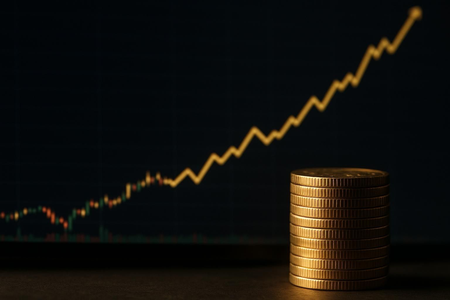Rising gold price line chart on a trading screen with gold coins