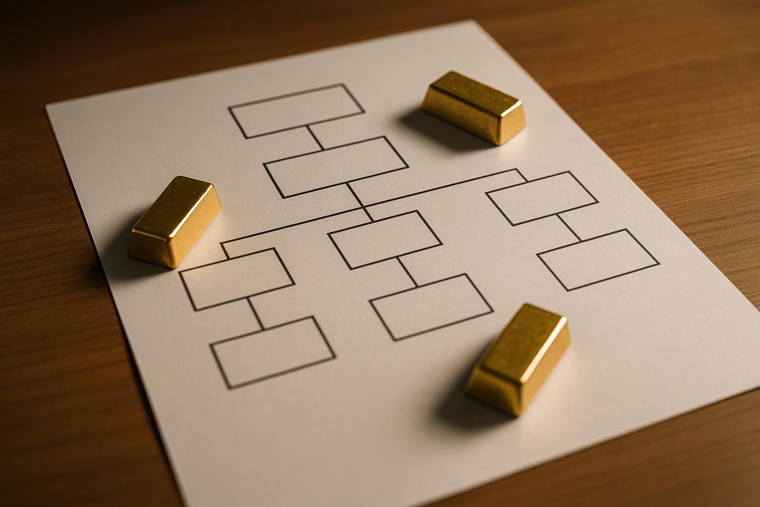 A corporate org-chart document weighted by small gold bars
