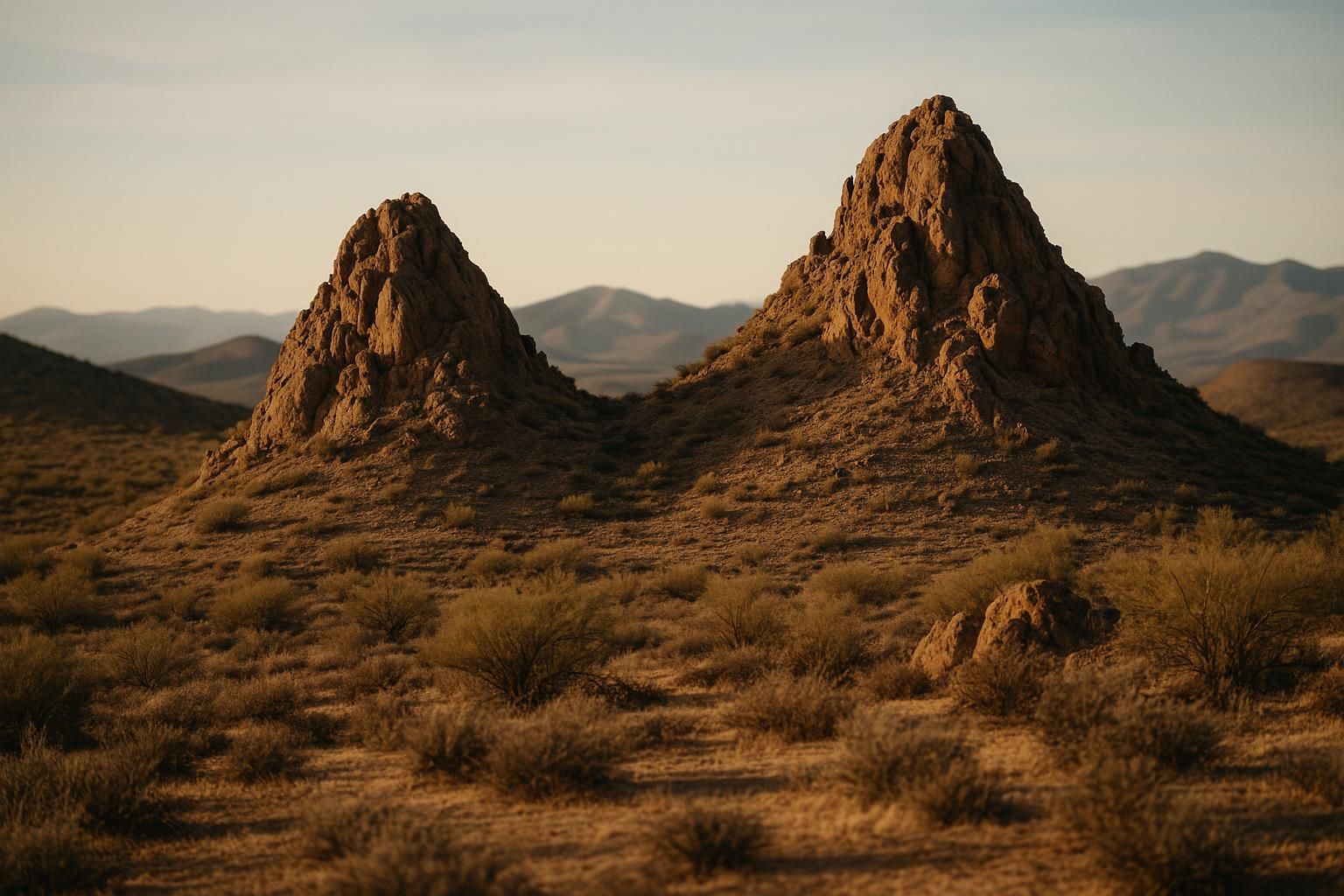 Two rugged rocky peaks in the Arizona high desert at golden hour